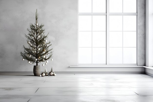 Interior blanco minimalista monocromo con ventana grande y elegante árbol de Navidad