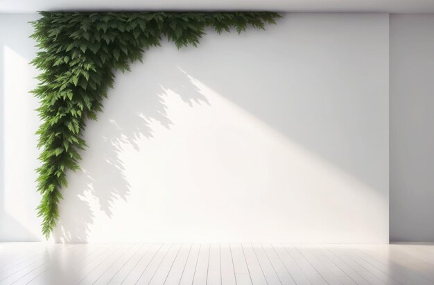 Un interior blanco minimalista con una pared en cascada de frondoso follaje verde en el lado izquierdo superior que arroja sombras suaves en la pared bajo luz natural