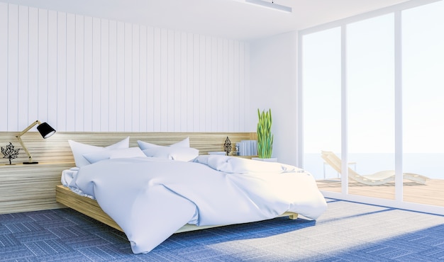 Interior blanco moderno dormitorio contemporáneo con espacio de copia en la pared para maqueta