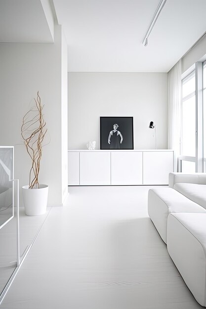 Interior blanco moderno y minimalista con piso de concreto brillante y ventanas grandes y luminosas Ai generativo