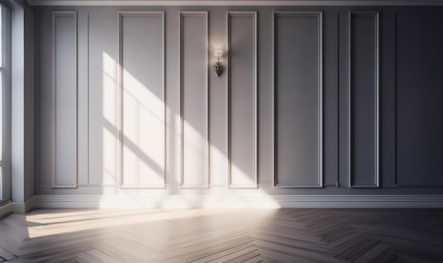 Interior blanco con paneles en la pared y madera oscura en el suelo Diseño ligero Maqueta de habitación vacía para muebles y puertas