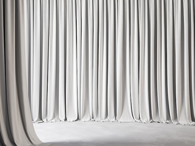 Interior blanco vacío con cortinas drapeadas y moqueta