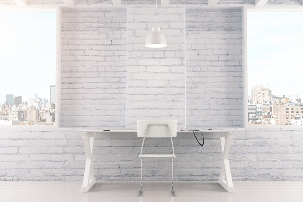 Interior blanco vacío con pared de ladrillo de silla de mesa y ventanas