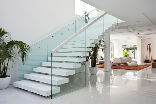 Un interior blanco con una valla de cristal y una escalera.