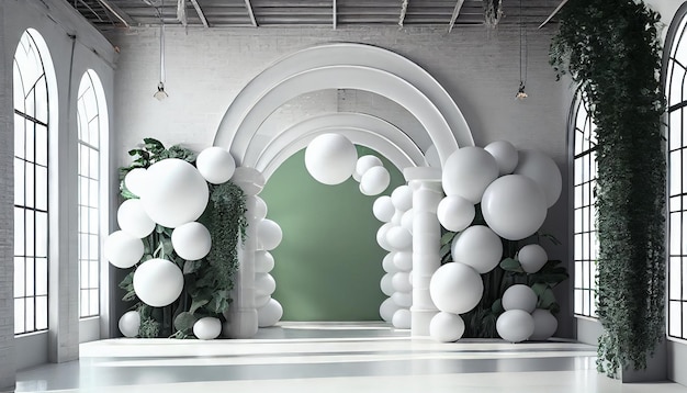 Interior blanco y verde con arco y globos blancos IA generativa