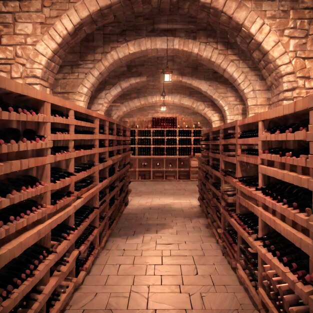 Foto interior de la bodega con botellas de vino rojo y blanco en los estantes