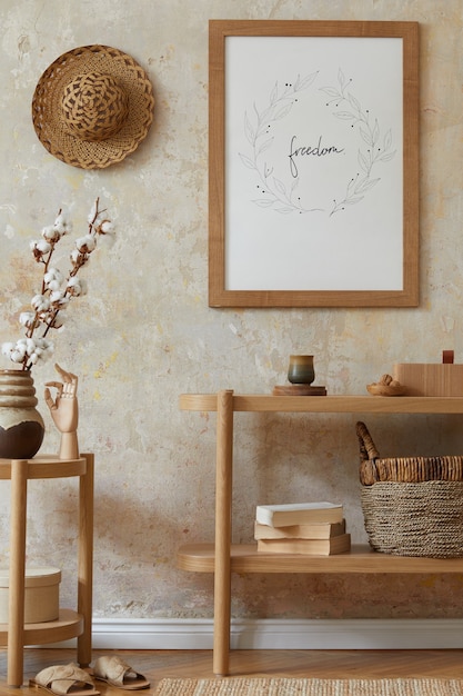 Interior boêmio da sala de estar com moldura, acessórios elegantes de vime, flores secas em um vaso, console de madeira e cabana suspensa na decoração elegante da casa.