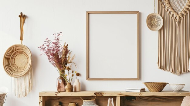 Foto interior boho beige de la sala de estar con marco de póster simulado accesorios elegantes ia generativa