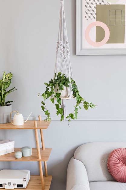 Foto interior boho elegante y minimalista de sala de estar con estante de madera, sofá gris, diseño y accesorios elegantes, colgador de macetero de macramé hecho a mano. botánica y decoración del hogar con muchas plantas.