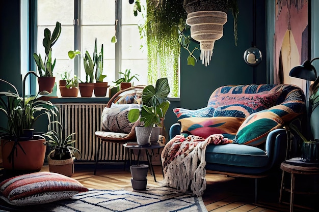 Interior boho escandinavo com móveis vintage, tecidos coloridos e elementos naturais