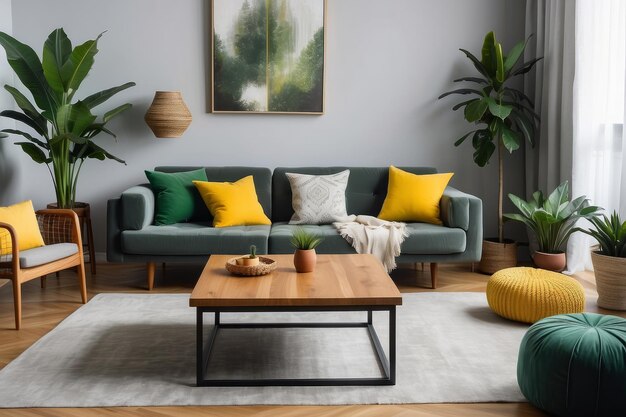 Foto interior boho moderno da sala de estar em um apartamento aconchegante com mesa de café de design sofá cinza