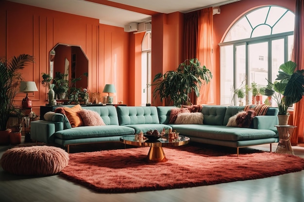 Interior bonito e grande do apartamento com sala de estar elegante