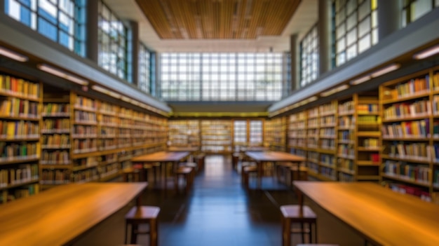 El interior borroso de la biblioteca con estanterías y mesas resplandecientes