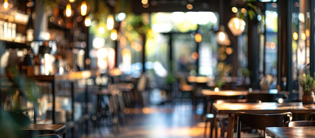 El interior borroso de un restaurante y una cafetería como fondo