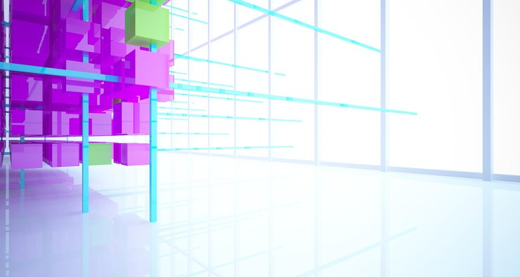 Foto interior branco abstrato de cubos coloridos de matriz com ilustração e renderização 3d de janela