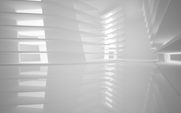Interior branco abstrato do futuro, com iluminação neon. ilustração 3D e renderização