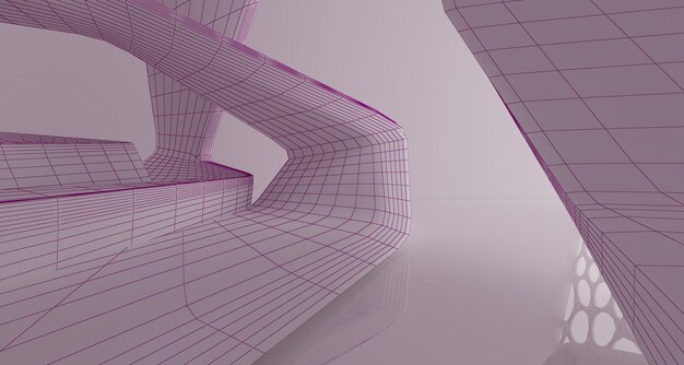 Interior branco arquitetônico abstrato de cubos com ilustração 3D de desenho de iluminação neon