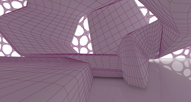 Interior branco arquitetônico abstrato de cubos com ilustração 3D de desenho de iluminação neon