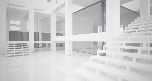 Interior branco arquitetônico abstrato de uma casa minimalista com grandes janelas ilustração 3D e