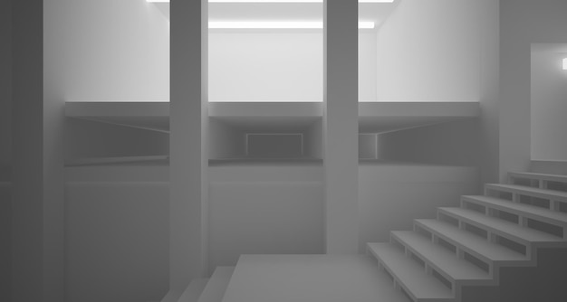 Interior branco arquitetônico abstrato de uma casa minimalista com grandes janelas ilustração 3D