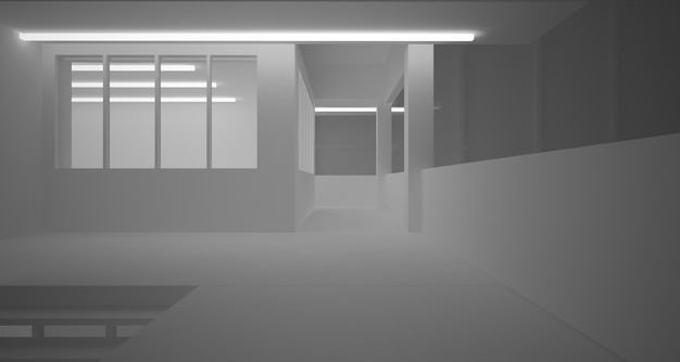 Interior branco arquitetônico abstrato de uma casa minimalista com grandes janelas ilustração 3D