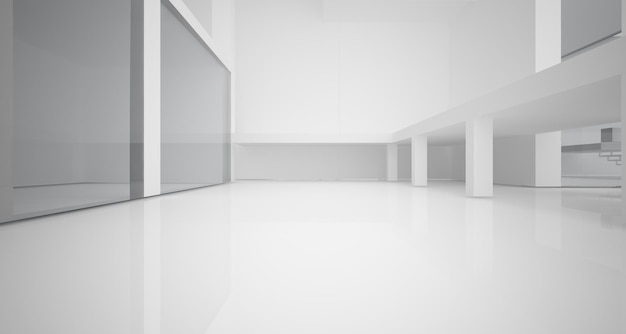 Interior branco arquitetônico abstrato de uma casa minimalista com grandes janelas ilustração 3D