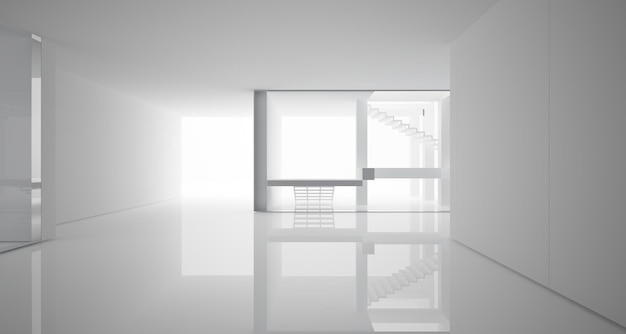 Interior branco arquitetônico abstrato de uma casa minimalista com grandes janelas ilustração 3D