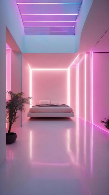 Foto interior branco arquitetônico abstrato de uma casa minimalista com iluminação de néon de gradiente de cor 3d