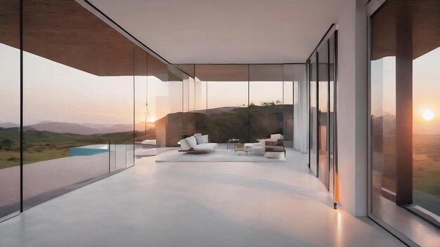 Interior branco arquitetônico abstrato e gradiente de cor de uma casa minimalista com grandes janelas