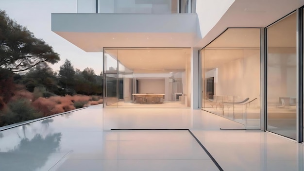 Interior branco arquitetônico abstrato e gradiente de cor de uma casa minimalista com grandes janelas