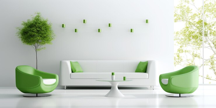 Foto interior branco com móveis verdes e pequena mesa