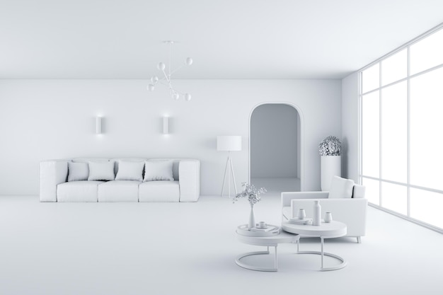 Foto interior branco contemporâneo com janelas de móveis e luz do dia estilo de design e conceito de minimalismo renderização 3d