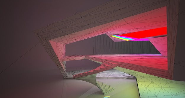 Interior branco de desenho arquitetônico abstrato de uma casa minimalista com neon gradiente de cor