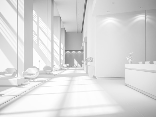 Interior branco de uma ilustração 3D de recepção de spa de hotel