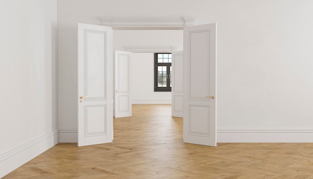 Interior branco escandinavo clássico vazio com portas abertas, parquet e janela. Ilustração 3D render.
