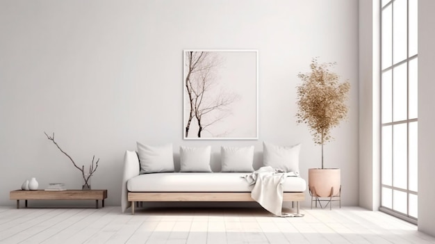 Interior branco minimalista da sala de estar com sofá em uma decoração de piso de madeira em uma grande parede branca paisagem na janela Generative AI