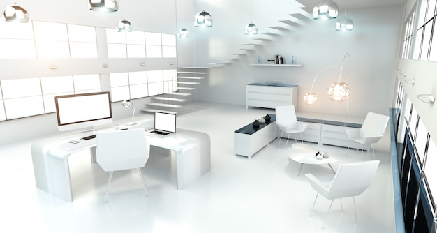 Interior branco moderno do escritório com computador e dispositivos de renderização 3d