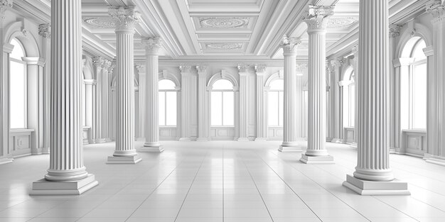 Interior branco vazio arquitetônico aprimorado com renderizações de colunas clássicas em 3D