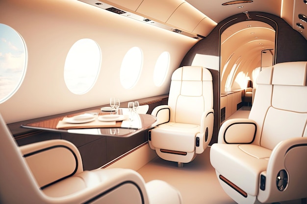 Interior branco vazio de aeronaves a jato comercial com poltronas elegantes generativas ai