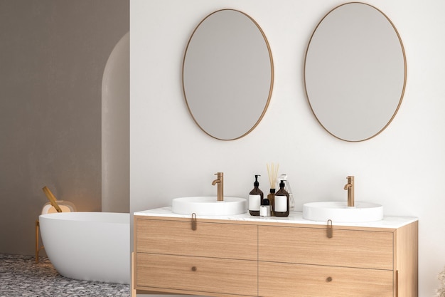 Interior brilhante do banheiro com pia dupla e plantas de banheira de chão de terraço de espelho Acessórios de banho e renderização 3D de móveis modernos