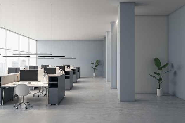 Interior brilhante do escritório de coworking com móveis de equipamento e janela panorâmica com renderização 3D de vista da cidade