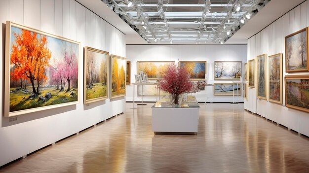 Interior brillante de una galería de arte con pinturas coloridas en las paredes y iluminación elegante