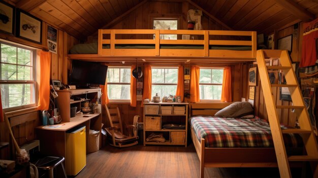 El interior de una cabaña de campamento de verano