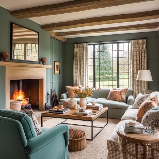 Interior de cabaña con diseño moderno y muebles antiguos decoración del hogar sala de estar y sala de estar sofá y chimenea en estilo inglés de casa de campo y campo