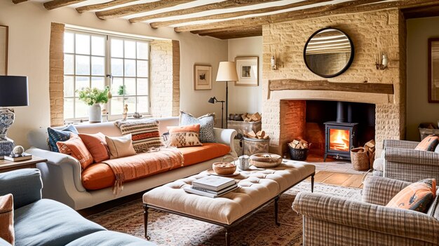 Foto interior de cabaña con diseño moderno y muebles antiguos decoración del hogar sala de estar y sala de estar sofá y chimenea en estilo inglés de casa de campo y campo