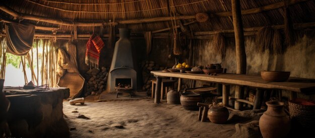 Foto el interior de una cabaña tradicional con techo de paja