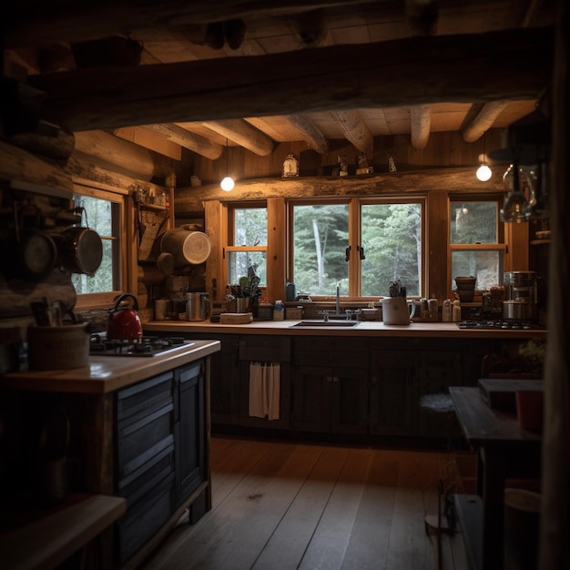 Foto interior de una cabaña de troncos en el bosque