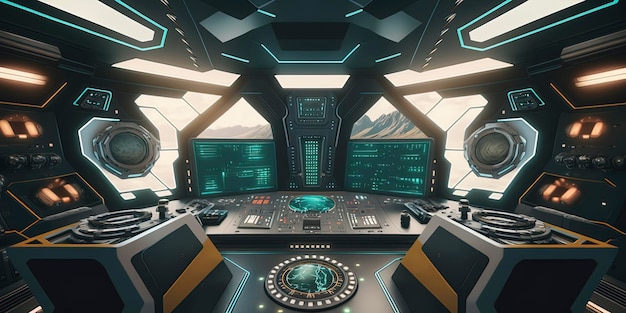 El interior de una cabina de nave espacial futurista con paneles de control y tecnología avanzados