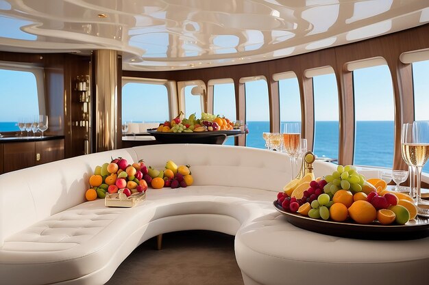 Foto interior de cabina de yate de lujo con frutas y champán.