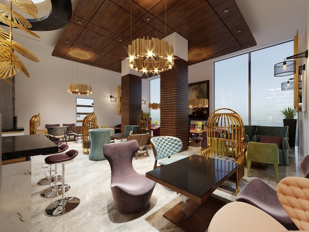 Interior de café de diseño europeo moderno de lujo en el centro con muebles coloridos. Representación 3d